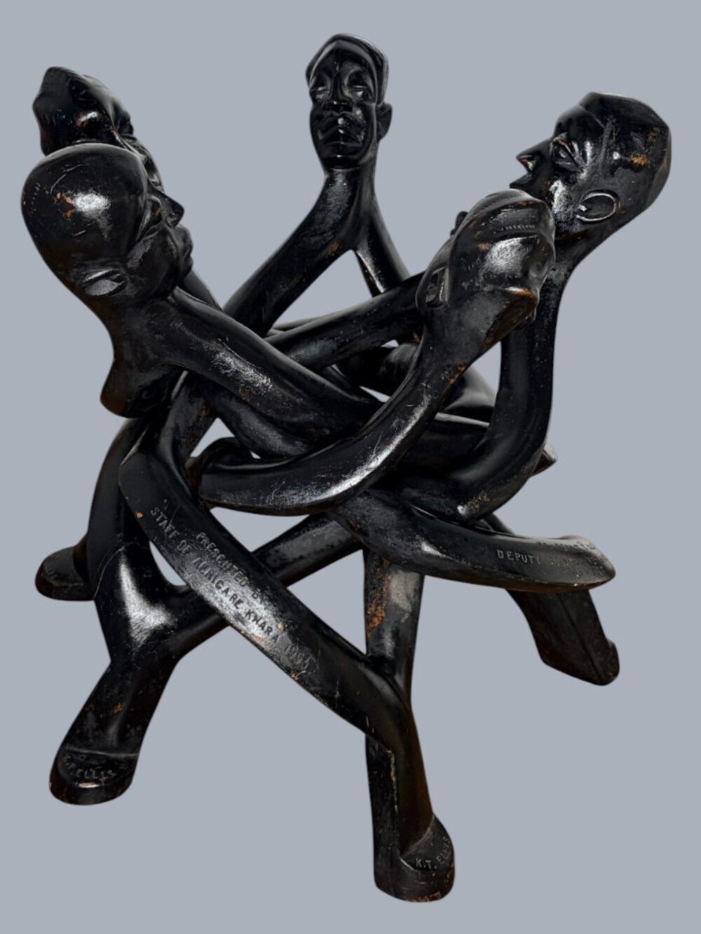RARE Nigerian Hand Carved Unity Circle Sculpture Africare Gift 17" SIGNED - Picture 3 of 10